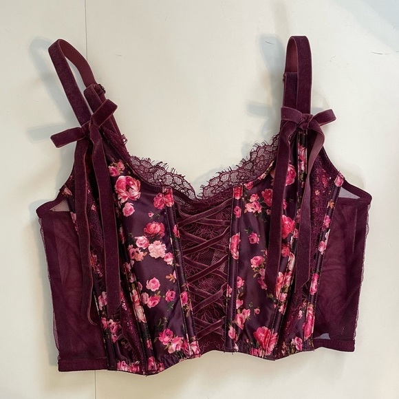 Victoria’s Secret Dream Angels Burgundy and Pink Lace Up Front Corset Bra Top - Picture 2 of 11